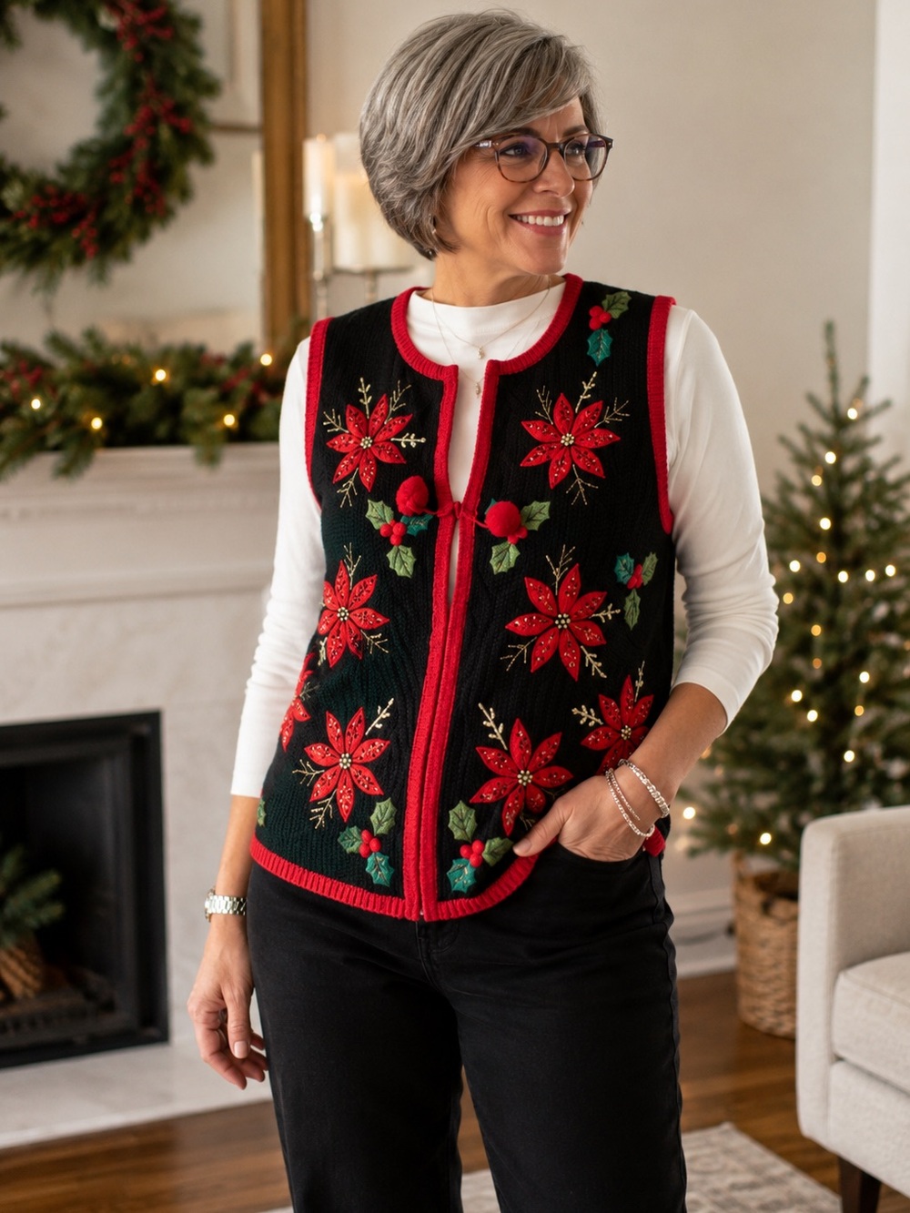 Inspire by One Step Up Christmas Sweater Vest Black Red Poinsettia Holly Vintage